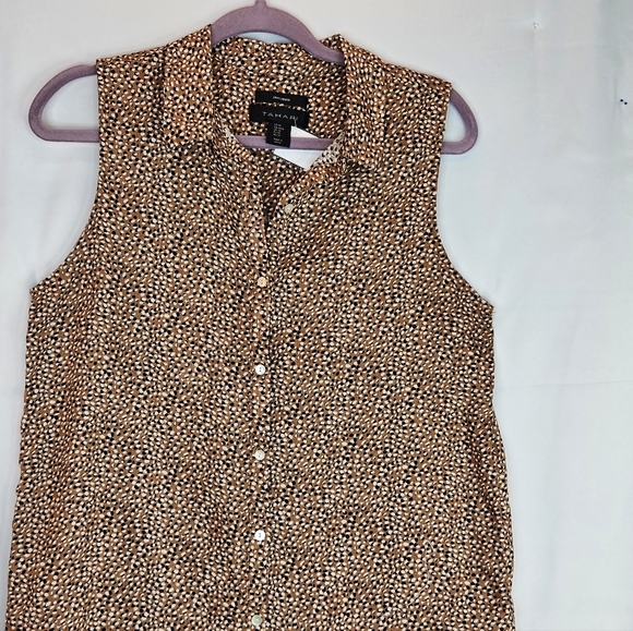 Tahari White Black Brown Print 100% Linen Buttondown Sleeveless Dress Sz M - Picture 2 of 10